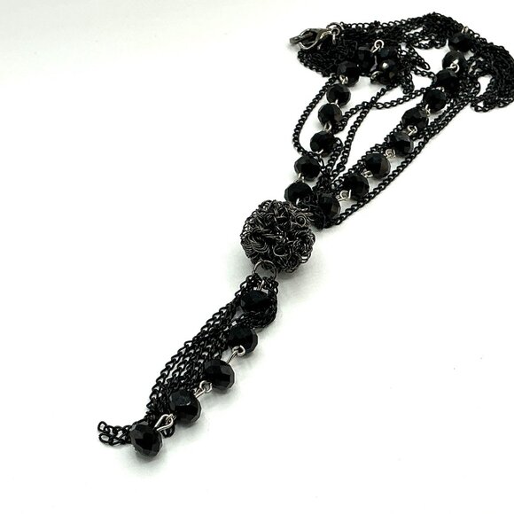 Black Multi-Strand Beaded Tassel Necklace With Rosette Pendant - Picture 3 of 6